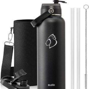 BUZIO Stainless Steel Water Bottle 40 oz (Cold for 48 Hrs, Hot for 24 Hrs), 1200ml Insulated Water Tumbler Thermo with Straw Lid and Flex Cap (Wide Mouth, Leak Proof, BPA Free), Black